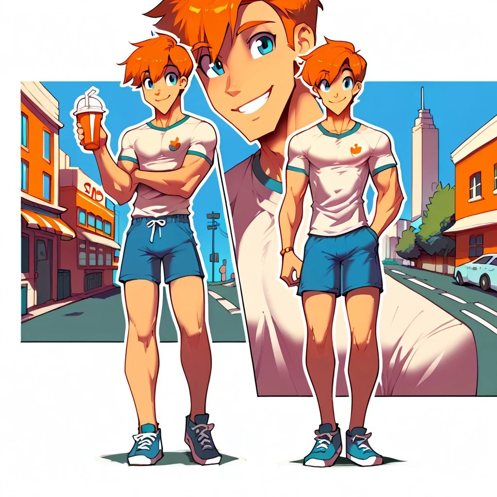 freerrystyle,
score_9, score_8_up, score_7_up, 1boy, solo, cute, happy, smiling, white outline, standing, full-length portrait, city background, short hair, eyes, shorts, shirt, shoes, street background