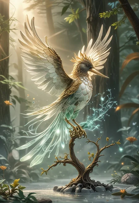 The image depicts a fantastical cristall glass bird with iridescent green and white glass feathers, standing on a slender branch tree  with delicate emerald leaves. The bird has a sleek, elongated body and its wings are spread wide, showing off the intricate details of the feathers. The background is a simple soft, misty green, creating a dreamy and ethereal atmosphere. sun light across fog #rbgmecrkdg #xxzjpkexus