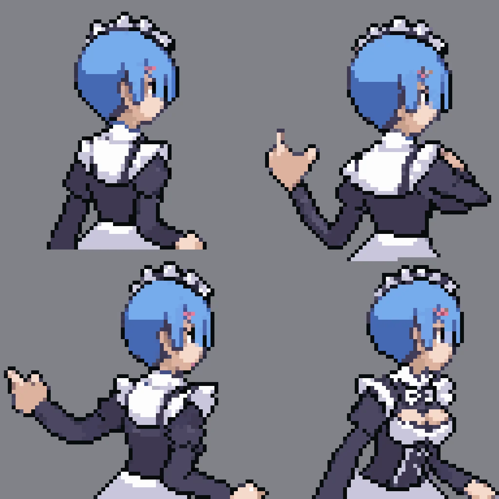 backsprite, gen3backtrainer, sprite sheet, pixel art, from behind, 1girl, blue hair, hair over one eye, rem \(re:zero\), maid, maid headdress, white background, simple background   <lora:PkmnGen3TrainerBack:1>