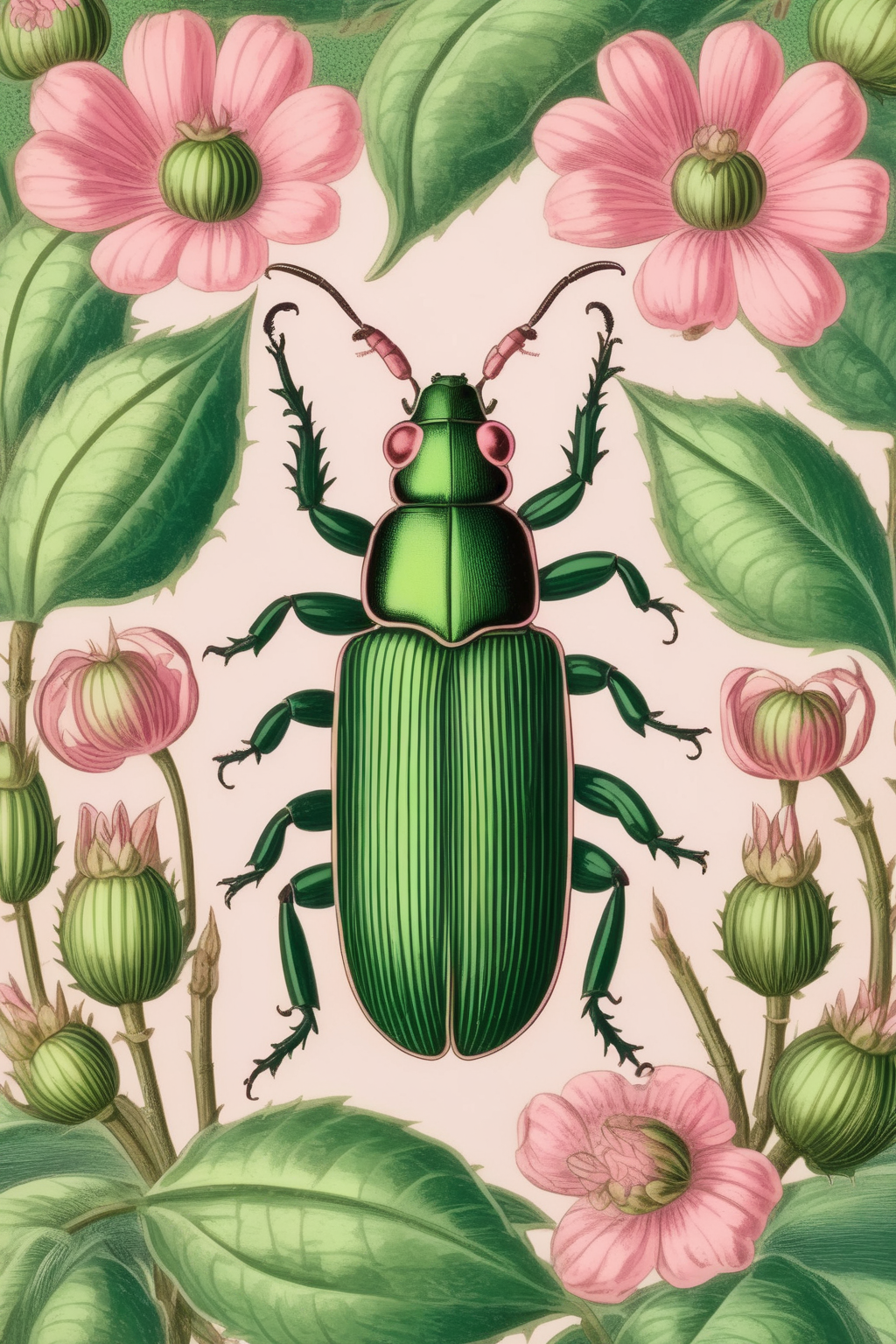 <lora:Mark Catesby Style:1>Mark Catesby Style - william morris illustration of green Beetle among the pink flowers
