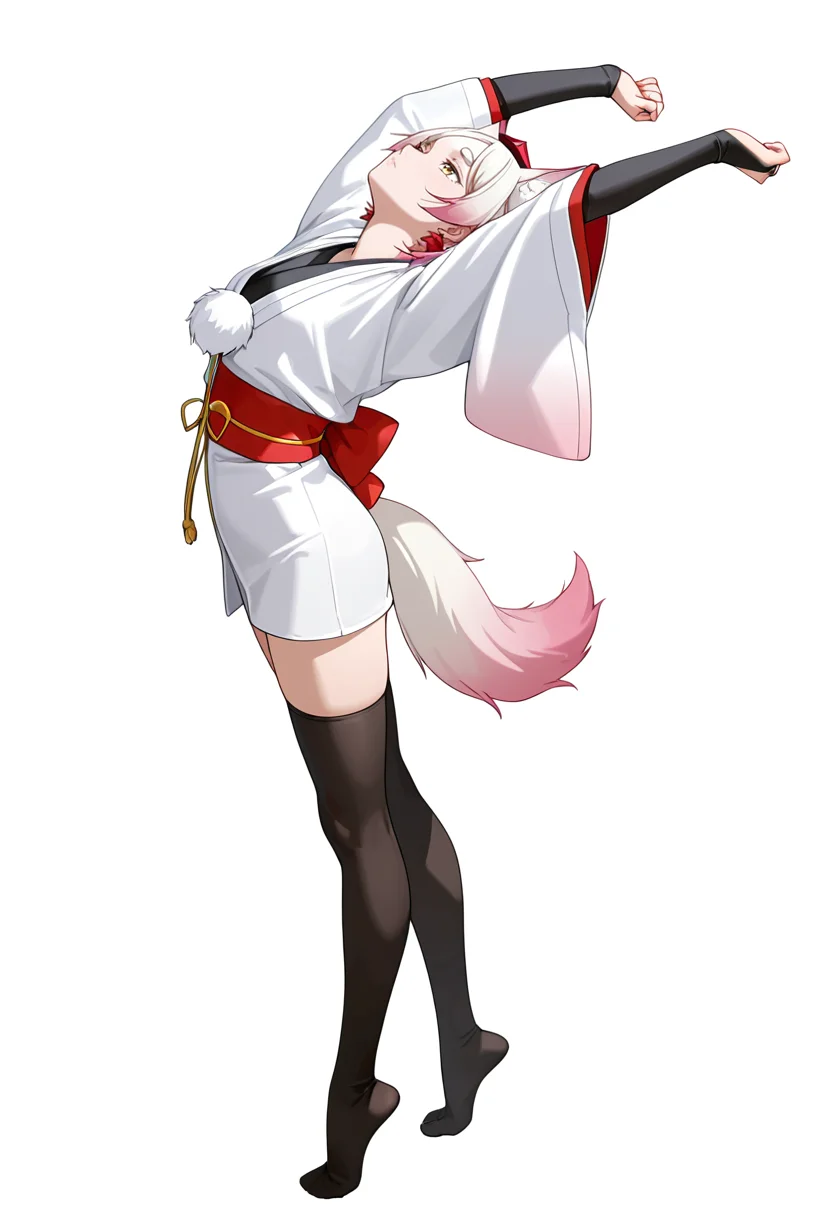 Smooth Quality,masterpiece,very intricate, high quality details, ultra realistic, high detailed skin,detailed enviorement,absurdres,
simple background, white background,solo,
stretching, arms up, tiptoe, arched back, elegant, ,dynamic angle,exhausted,
<lora:Momiji_cnn:0.8> momijicnn,1girl, wolf ears, yellow eyes, white hair, pink hair, short hair, gradient hair, thick eyebrows,tokin hat, japanese clothes,white kimono,sash, black thighhighs, long sleeves, bridal gauntlets,earrings, pom pom (clothes), tail,