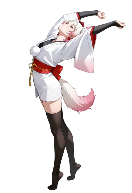 Smooth Quality,masterpiece,very intricate, high quality details, ultra realistic, high detailed skin,detailed enviorement,absurdres,
simple background, white background,solo,
stretching, arms up, tiptoe, arched back, elegant, ,dynamic angle,exhausted,
<lora:Momiji_cnn:0.8> momijicnn,1girl, wolf ears, yellow eyes, white hair, pink hair, short hair, gradient hair, thick eyebrows,tokin hat, japanese clothes,white kimono,sash, black thighhighs, long sleeves, bridal gauntlets,earrings, pom pom (clothes), tail,