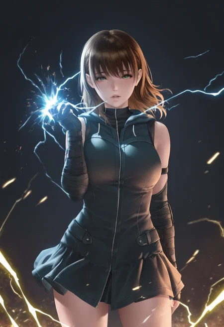 <lora:doaxvvV1ill-10:0.7> doaxvv style,1girl,doa-nanami,cowboy shot, 
1girl,
looking at viewer, parted lips, wind, dark background, electricity, sparks,
masterpiece,best quality,amazing quality,