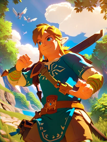 score_9, score_8_up, score_7_up, score_6_up, link, sword, forest, cowboy shot, smile, looking away, dynamic pose, male, epic pose, blue sky, clouds, hands at side,
BotWYei, cartoon, 3d,  <lora:ZeldaBotW_Style-10:1>