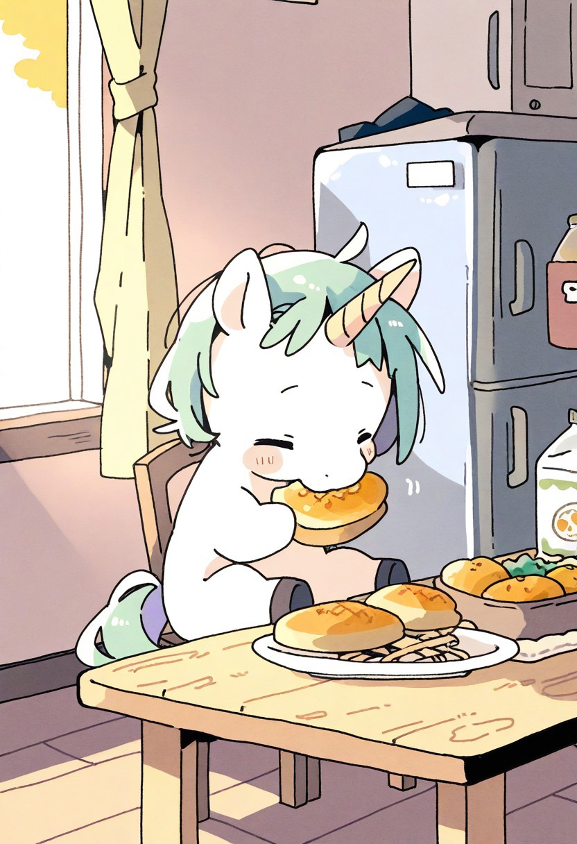 "(masterpiece, best quality, high quality, highres), very awa, highres, absurdres,
(naguru \(cyoroama\), (chii-kun \(seedyoulater\):0.7), 
(unicorn:1.1),
(no humans:1.1), (cute:1.2), comfy, solo, cozy,
eating, sunny day, cozy kitchen, indoors, fridge, food, sitting at table, "