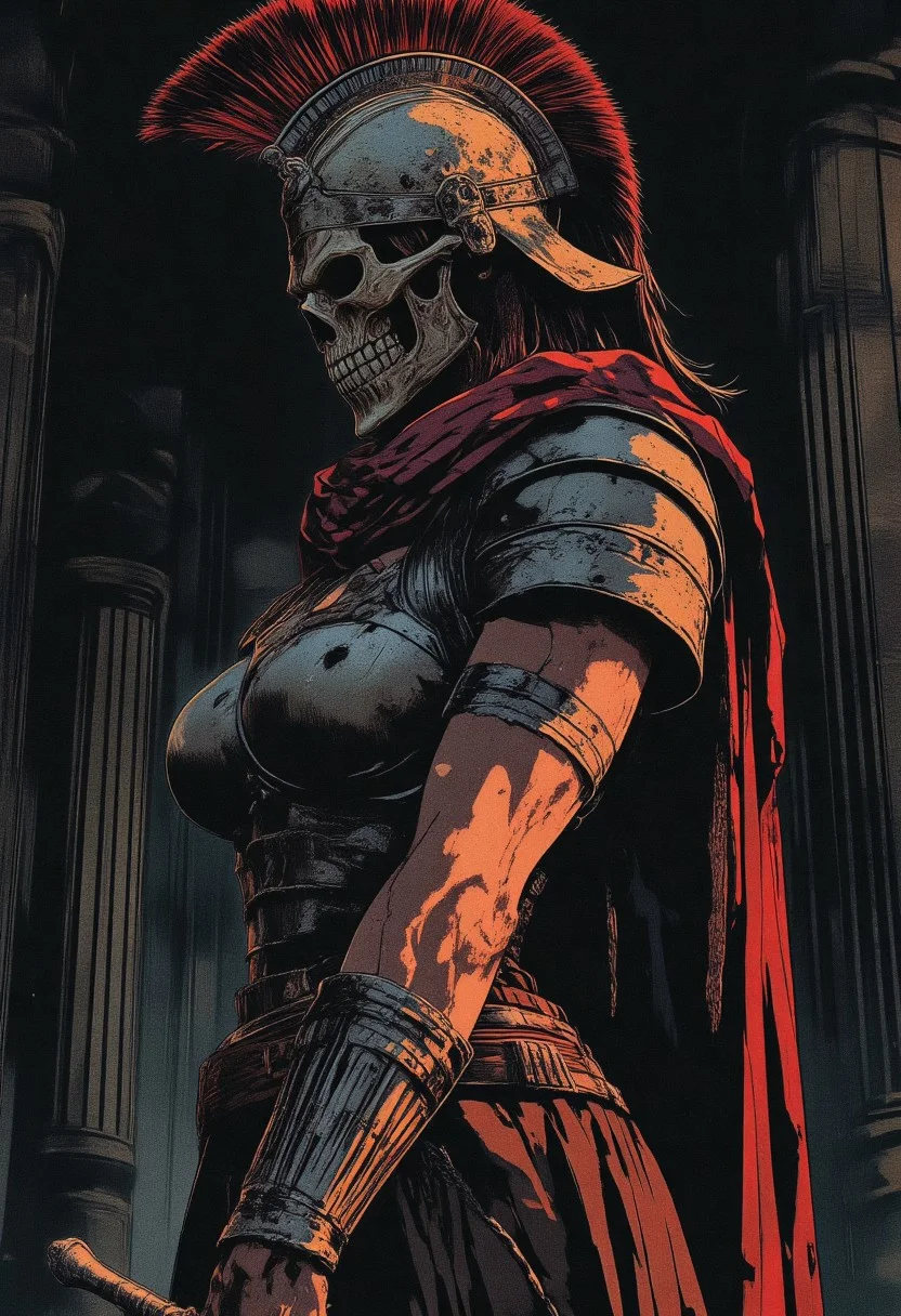 Female Roman soldier, skull face mask, in profile, toned arms, braided hair, battle damaged armor, large breasts, breast plate, dark and moody background, adds a dramatic tone, subtle lighting reflections, ray traced, foreshortening, Holding a sword,