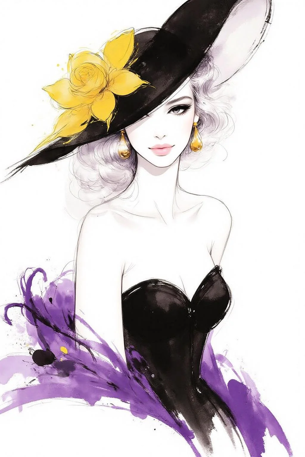 nijiwc1 Ink brush style illustration of a woman in a black corset, adorned with a black hat adorned with yellow accents. Her dress is adorned with purple wings, adding a pop of color to the scene. The background is a stark white, creating a stark contrast to the woman's outfit. The woman's face is adorned in a bold white shade, her lips are pursed in a soft pink hue. Her eyes are adorned with black, adding depth to the composition. <lora:inkwash_niji_nocap_d6a3:1.0><lora:806958199820467704:0>