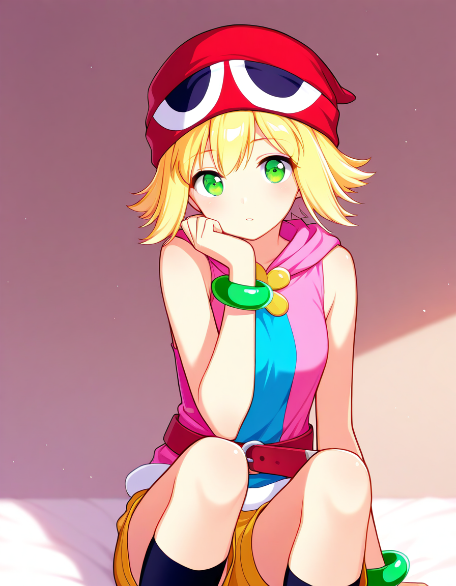 <lora:PAmitie_SDXL_Illustrious01_fp16_ver01:1>,PAmitie, 1girl, solo,blonde hair, short hair,green eyes,hat, shorts,bracelet,pink sleeveless hoodie, blue shirts,red belt,black socks,looking at viewer, portrait, anguish, masterpiece, best quality, very aesthetic, absurdres,<lora:detailed_hands:1>,hand