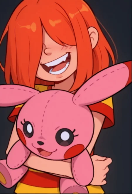 score_9, score_8, score_7_up, source_cartoon, orginal source, parody highres, absurdres, masterpiece, highly detailed, rating_safe, solo, BREAK,
WACGRANDD, 1girl, red hair, hair over one eye, orange hair, shirt, red shirt, yellow shirt, striped shirt, striped,
1girl, stuffed toy, stuffed animal, solo, smile, blush, open mouth, object hug, black background, upper body, looking at viewer, :d doll hug, holding stuffed toy, pikachu, teeth