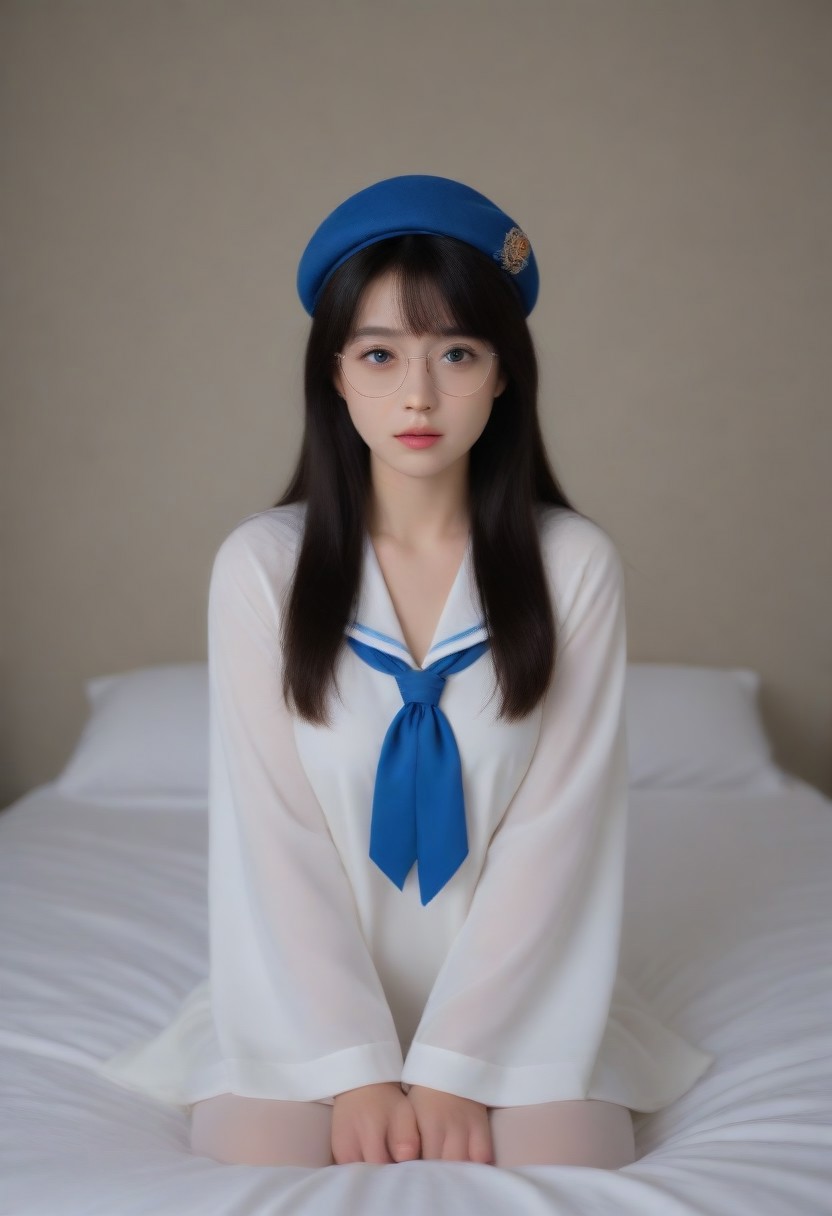 (((ultra high res))), (photorealistic), raw photo, (((4K resolution))), detailed eyes, super detailed face, focus on face, sharp focus,16k wallpaper, absurdres, highres, huge file size
(score_9, score_8_up, score_7_up, masterpiece, best quality, best quality, amazing quality, very aesthetic, high resolution, ultra-detailed, newest, detailed background, long hair, blue hair, hime cut, blue eyes, hat tassel, hairclip, beret, hair ornament, glasses, round eyewear, blue neckerchief, ribbon, long sleeves, wide sleeves, skirt, elbow gloves, pantyhose, long legs, large breasts, lies in bed