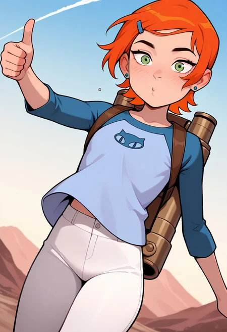 ((screencap, cartoon)) , masterpiece, best quality, amazing quality, very aesthetic, absurdres, newest,
gwenos, short hair, hairclip, orange hair, 1girl, , earrings, ((solo)),, eye liner, green eyes
blue shirt, raglan sleeves, cat print, white pants
falling, jetpack, brown aviator hat, goggles on face, blowing in the wind, contrail, thumbs up,