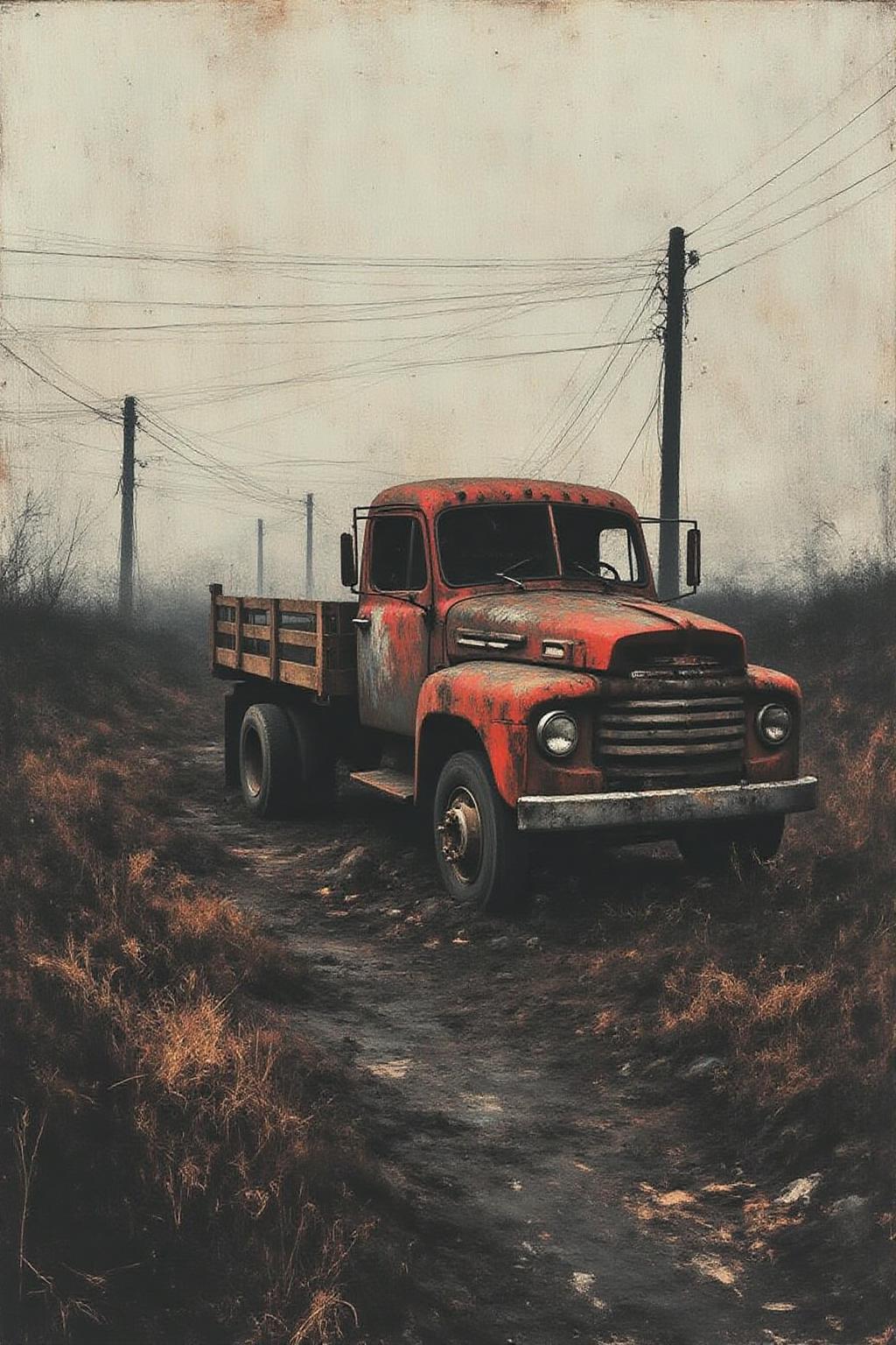 apoca1 illustration. a old truck is left abandone on a road. <lora:apocalypse_now4_nocap_d4a2:1.0><lora:803186608649080045:0>