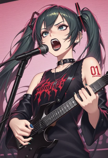 masterpiece, best quality, Graphic Design, color art, vibrant colors, colorful, intricate details, high contrast, detailed background, beautiful detailed, beautiful face, detailed eyes, detailed face, new, newest, w4rl0ck, instrument, electric guitar, holding instrument, playing instrument, 1girl, solo, hatsune miku, black hair, black lipstick, makeup, punk, stage, dutch angle, (upper body, perspective:1.4), microphone stand, open mouth, screaming, frown, heavy metal, holding plectrum, looking away, from below, low angle,