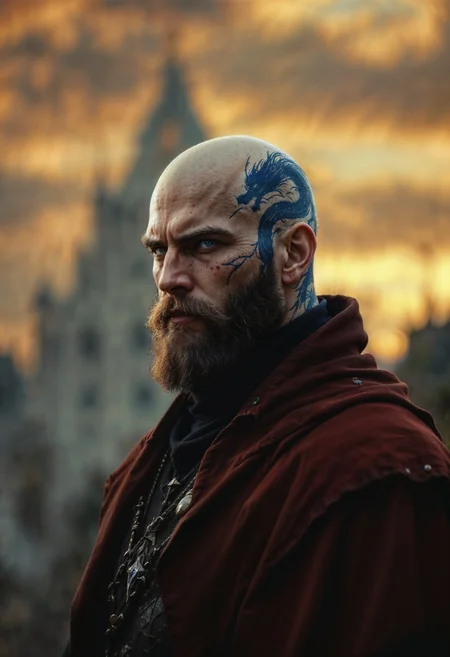 In the midst of an ageless medieval fantasy world, a dignified man in his prime emerges. His bald head shines under the glow of the setting sun, juxtaposed by a striking blue dragon tattoo etched along the side. A well-kept beard frames his strong features, adding a sense of nobility to his demeanor. Clad in the finest garments of the realm, the man exudes an air of regal authority. This exquisite portrait, whether a painting or photograph, captures every intricate detail with impeccable precision. The quality of the image is nothing short of remarkable, inviting viewers to admire the man's majesty and strength. <lora:aidmaFLUXpro1.1:1> aidmafluxpro1.1