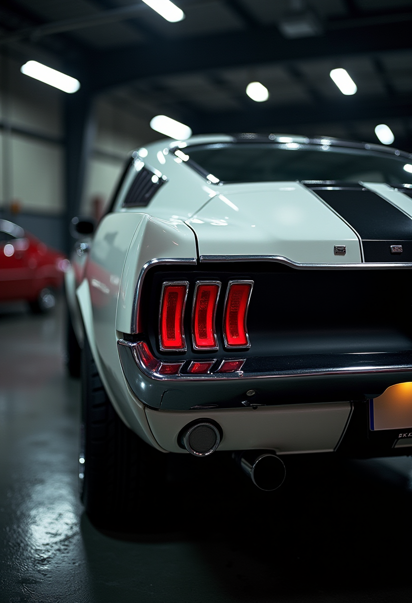 Close up, the back of white-black classic Ford mustang,in a dark garage, light fragments, commercial, artistic
