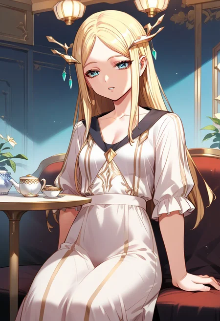 zPDXL3, score_9_up, score_8_up, score_7_up, (Anime_source), 1girl, AudreyArarat, blue eyes, blonde hair, long hair, (linen dress), sitting, cowboy shot, looking at viewer, parted lips, luxurious restaurant, relax atmosphere, table, tea,