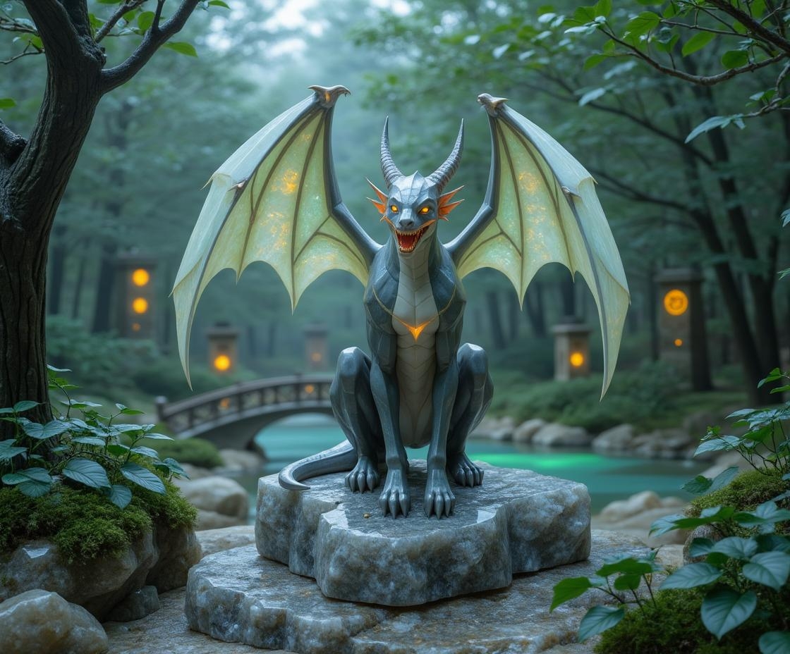 <lora:ck-polygon-gems-0019.safetensors:1> a crafted gemstone model in the style of cklg featuring a
The enchanted forest is bathed in a soft, diffused glow, casting long, gentle shadows that dance along the moss-covered ground. The air is filled with the scent of blooming nightshade and the distant hum of magical creatures. In the center of this mystical landscape, a fantastical being emerges, its presence both awe-inspiring and unsettling.
The creature has a dragon-like form, its body a deep, iridescent gray that shimmers with hints of opalescence. The leathery skin, now adorned with glowing runes, suggests a blend of ancient power and ethereal grace. The muscle tones, emphasized by the dreamlike lighting, give the impression of strength and agility, as if the creature can move with the fluidity of a shadow.
The creature's wings are vast and membranous, extending from its back with a pale, luminous green that glows softly in the twilight. The veins are visible, intricate and delicate, as if they are part of a living, breathing tapestry. Each wing seems to have a life of its own, capable of graceful, powerful movements that could carry it through the skies with ease.
Its head is the most captivating feature, with glowing orange eyes that radiate a deep, otherworldly light. The eyes, set against the darker shades of its face, hint at a formidable presence and a wisdom that spans ages. The mouth is open wide, revealing a set of sharp, menacing teeth and a bright red interior, as if the creature is about to unleash a roar that could shake the very foundations of the forest.
In the background, ancient ruins emerge from the mist, their stone walls covered in glowing runes that pulse with a mystical energy. A bridge, seemingly made of light, spans an iridescent pool of water that mirrors the night sky, reflecting a different world. The forest is alive with magical flora, including trees that bear fruit glowing with a soft, ethereal light, and flowers that sway to an unseen melody.
The scene is a perfect blend of the natural and the supernatural, a visual feast that evokes both wonder and a sense of looming mystery. The creature, a master of this enchanted realm, stands as a guardian of the forest, a symbol of the delicate balance between beauty and danger.