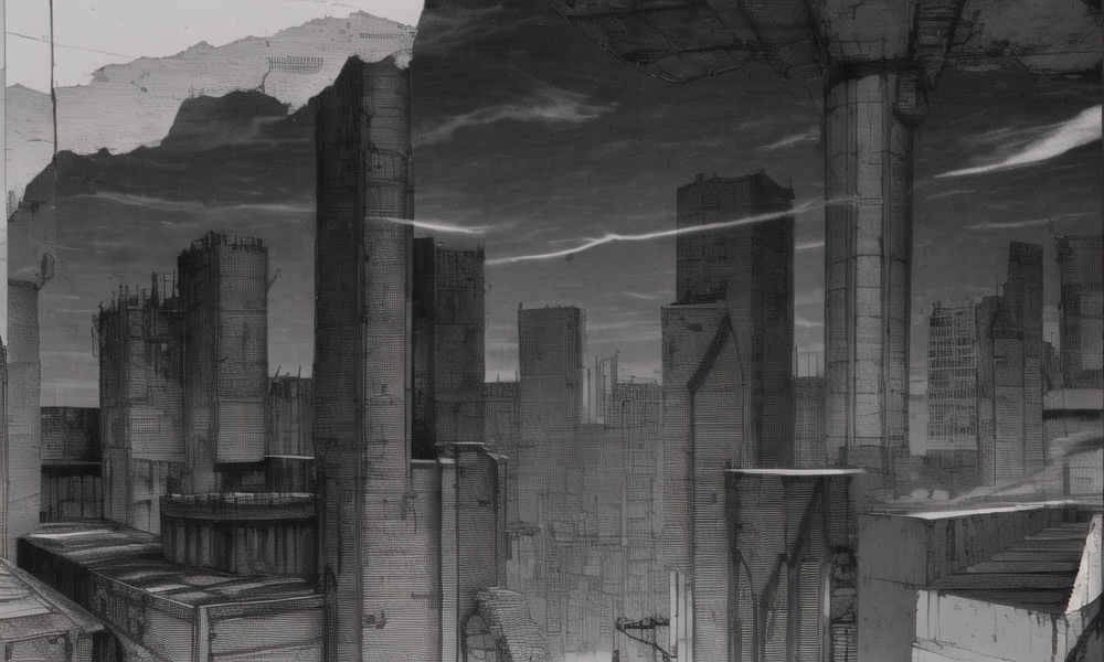 vast scenery, empty, city ruins, cables, tubes, clouds, smoke, (best quality:1.3), monochrome, grayscale, <lora:blame5:1>,  g-pen sketches, rough outline,detailed shadow