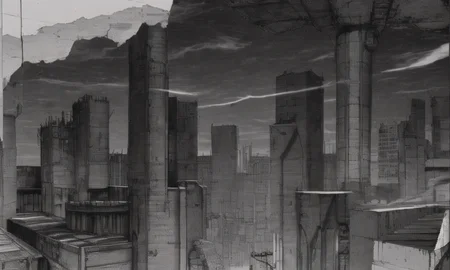 vast scenery, empty, city ruins, cables, tubes, clouds, smoke, (best quality:1.3), monochrome, grayscale, <lora:blame5:1>, g-pen sketches, rough outline,detailed shadow