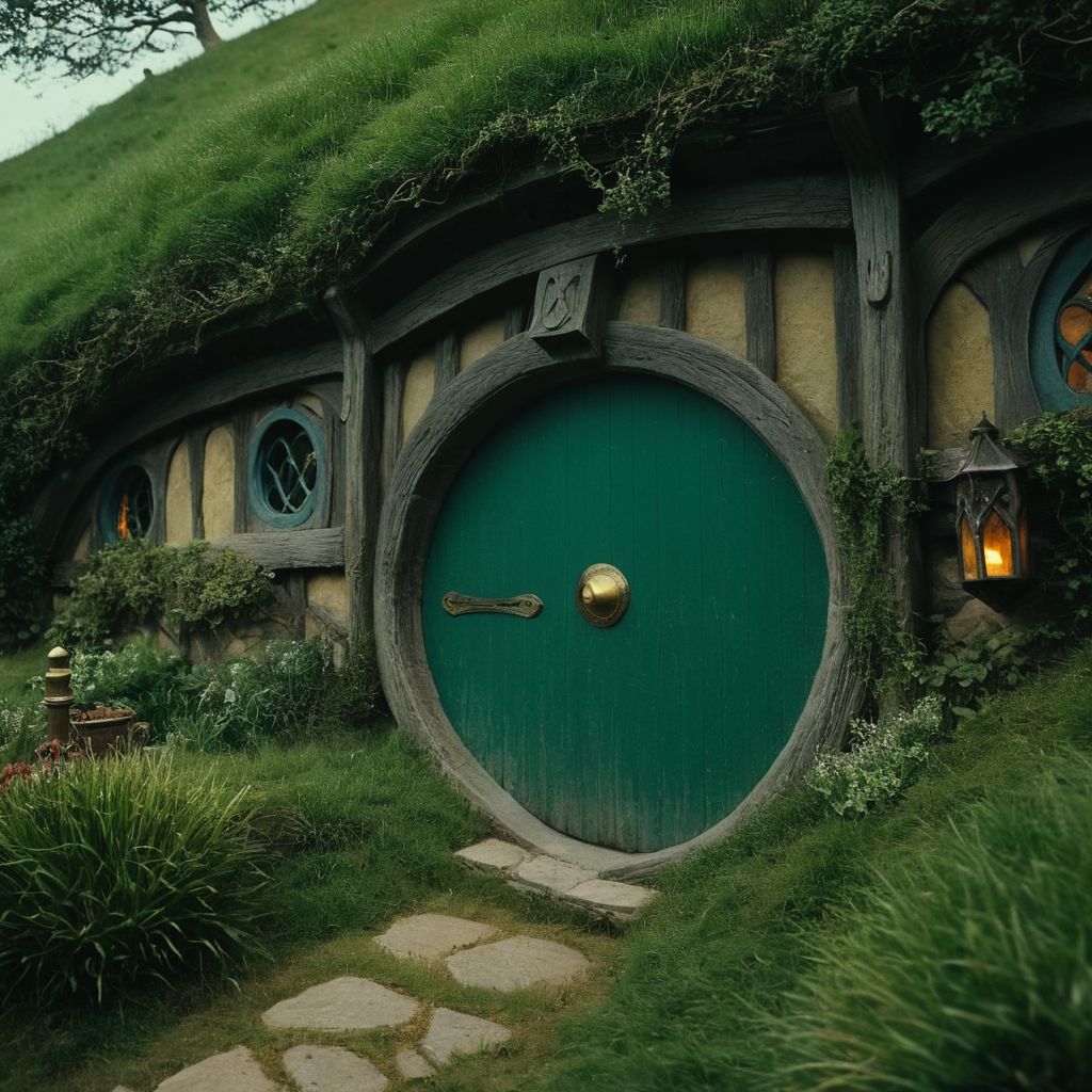 cinematic film still of  <lora:The Lord of the Rings style v2:1>
the Shire In a Fantasy Middle-earth world in the dark ages Location a hobbit house green door with a view of a green field,flower,outdoors,sky,day,cloud,tree,blue sky,no humans,grass,plant,nature,scenery,forest,mountain,bush,path , dramatic light, dramatic shadow light, film contrast, cinematic film color, cinematic film look, filmic, realistic, realism, perfection, perfect, movie still, fantasy drama, epic drama, fictional, Age of Wonders, Age of Empires, warriors,  Medieval style, middle ages, dungeons and dragons style, different people, different, unique, kingdoms and castles, violent, aggressive, detailed, perfection, detailed face, detailed body, detailed hands, detailed eyes, sharp, horror themed, dark themed, epic fantasy adventure film style, Legendary, mythical, The Lord of the Rings style, shallow depth of field, vignette, highly detailed, high budget, bokeh, cinemascope, moody, epic, gorgeous, film grain, grainy