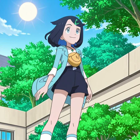 Score_8_up, score_9_up, masterpiece, easynegative, PokemonStyle, 1girl, solo, shilikodef, bangs, blue eyes, black hair, multicolored hair, eyelashes, cowlick, hairclip, medium hair, necklace, jewelry, hair ornament, sleeves past elbows, long sleeves, white shirt, open jacket, blue jacket, open coat, hooded jacket, green coat, yellow bag, blue shorts, black shorts, belt, white socks, shoe, (hands, five fingers), smiling, (standing, front view), (day, sun, tree, wind, green leaves, buildings),
