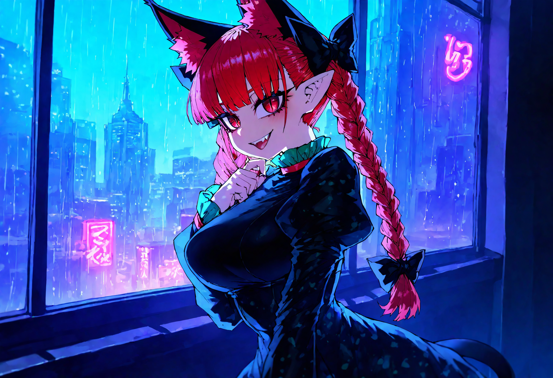 1girl, solo, indoor, window,
BREAK   
 Sharp eyeliner, kaenbyou_rin, pink_hair, red_eyes, solo, animal_ears ,black_bow, black_dress , braid,breasts, cat_ears ,dress,extra_ears, fang ,frilled_dress ,frills, hair_bow ,large_breasts ,long_eyelashes ,long_sleeves ,looking_at_viewer ,multiple_hair_bows, pointy_ears ,red_bow ,red_eyes, red_hair, slit_pupils,tight_clothes ,tight_dress, twin_braids ,fang,  (neon lights), future, futuristic city, graffiti, (rain),
BREAK   
(zyugoya:0.8),quasarcake:0.7, Fishine:0.7, masterpiece, best quality, very aesthetic, newest, <lora:ponyv4_noob1_2_adamW:0.6>