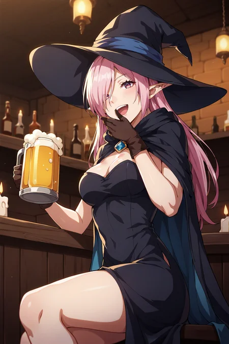 score_9, score_8_up, score_7_up, source_anime, 1girl, prefect lighting, very aesthetic, intricate details, highly detailed background, masterpiece, high quality, prefect hands, best quality, solo,
<lora:Sonia_Isekai_Yarisaa_V2:.85>, KJOsonia, pink hair, dark pink eyes, long hair, pointy ears, hair over one eye,
witch hat, cape, dress, side slit, gloves,
sitting on counter, from below, hand over mouth, laughing, open mouth, smirk,
tavern, bar, beer mug, candles, dimly lit,
(Beautiful, medium Breasts:1.2), natural breasts,