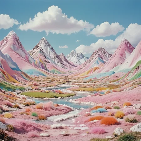 <lora:60s_Psychedelic_MovieSDXL:1> ArsMovieStill, movie still from a 60s psychedelic movie, The image is a landscape photograph of a mountain range. The sky is blue with white clouds scattered across it. The mountains are covered in a variety of colors including pink orange yellow and green. The ground is covered in patches of grass and shrubs and there is a small stream running through the center of the image. The colors are vibrant and the overall impression is of a beautiful and serene landscape., scenery, no humans, outdoors, sky, cloud, day, mountain, blue sky, field, landscape