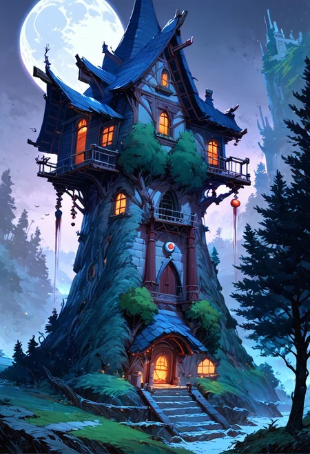 score_9, score_8_up, score_7_up, masterpiece, landscape, old forest, gnarled trees, grass, ancient houses, dilapidated buildings, shacks, witch houses, buildings, sun, epiCPhoto, long shadows, eerie, moon, bleeding moon,dancing house, house on chicken legs