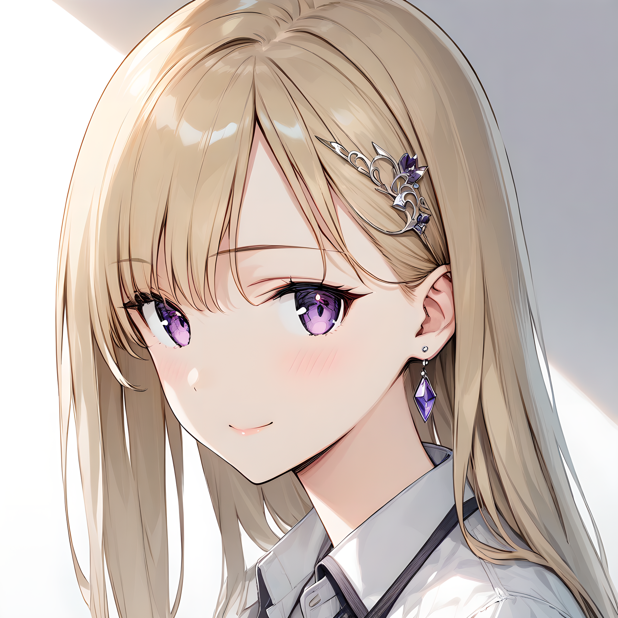 (masterpiece),(best quality),(ultra-detailed),(best illustration),(best shadow),(absurdres),(detailed background),(very aesthetic),ayase_saki, 1girl, solo, purple eyes, blonde hair, earrings, white background, jewelry, hair ornament, simple background, long hair, shirt, closed mouth, white shirt, collared shirt, bangs, smile, close-up, portrait, <lora:XL-AyaseSaki:1>