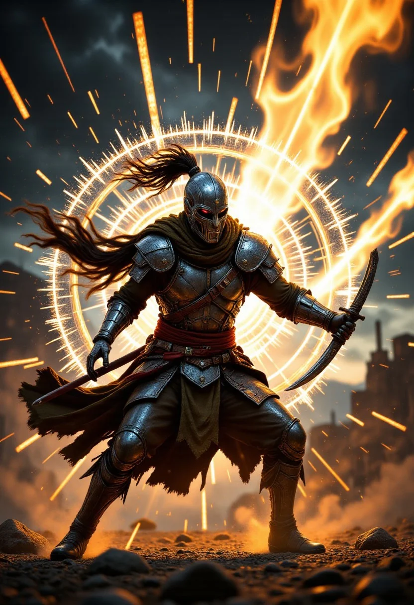 high-speed snapshot of a warrior slashing with a blade through a wall of frozen time, the air shatters like glass around the blade, behind the slash: flickering snapshots of different time periods (prehistoric, modern war, future city), glowing white-hot temporal lines across the background, cinematic motion blur effect on the sword, strong contrast between action and stillness, dynamic composition, 8K, radiant golden light
, aidmaHiDreamStyle , aidmaHyperrealism, aidmamtgcard