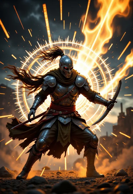 high-speed snapshot of a warrior slashing with a blade through a wall of frozen time, the air shatters like glass around the blade, behind the slash: flickering snapshots of different time periods (prehistoric, modern war, future city), glowing white-hot temporal lines across the background, cinematic motion blur effect on the sword, strong contrast between action and stillness, dynamic composition, 8K, radiant golden light
, aidmaHiDreamStyle , aidmaHyperrealism, aidmamtgcard