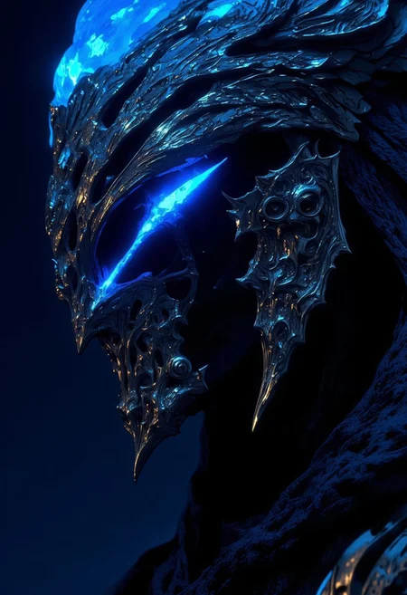 Fantasy Female knight in a helmet.
This close-up focuses on the helm of a powerful female knight. Her dark gray helmet, with a shimmering blue tint, is adorned with intricate patterns that emphasize her strength and femininity. The visor, made of sapphire-like crystal, casts a deep blue glow that hides her eyes, adding an element of mystery. The blue glow emanating from the visor adds an intense, otherworldly quality to her look, making her both beautiful and formidable.