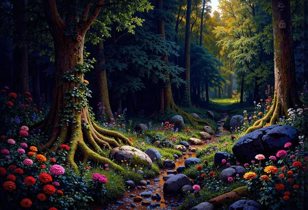 (in full view:1.2), (seen from a distance, wide angle:0.55), The style a combination of [Issac Asimov|Igor Zenin|Heather Theurer], Under lighting, alien planet, alien plants, bioluminescent plants. Harmonious madness, synergy with chance, unique art style, mind bending art. Digital painting in a realistic style representing strange visions of A forest, struck by a meteorite that has been altered by radiation coming from the meteor. The forest, once a popular place for walks has transformed into something out of another reality. The trees, plants and animals have all begun to transform into life forms alien to earth. The wild flowers have developed unusual growth patterns, most have become vines with smaller flowers and are less colorful. The trees have stayed their usual green color but their shape and size have been altered. Even nonliving things have been altered such as boulders, steel and concrete.    A digital rendering covering the entire area, high-res, ultra detailed, photo manipulation, altered realities, <lora:+FluxVelvet's_Mythic_Fantasy:0.7> <lora:Midjourney_Whisper_Chromaplex_Velvet_Myst_v01:0.4> <lora:Epic_gorgeous_Details-flux.1:0.4> <lora:Amazing_scenery_v3:0.6> <lora:UltraReal_Fine-Tune:0.3> <lora:Realism-lora-Flux:0.6> <lora:low-light-flux-v2:0.5>