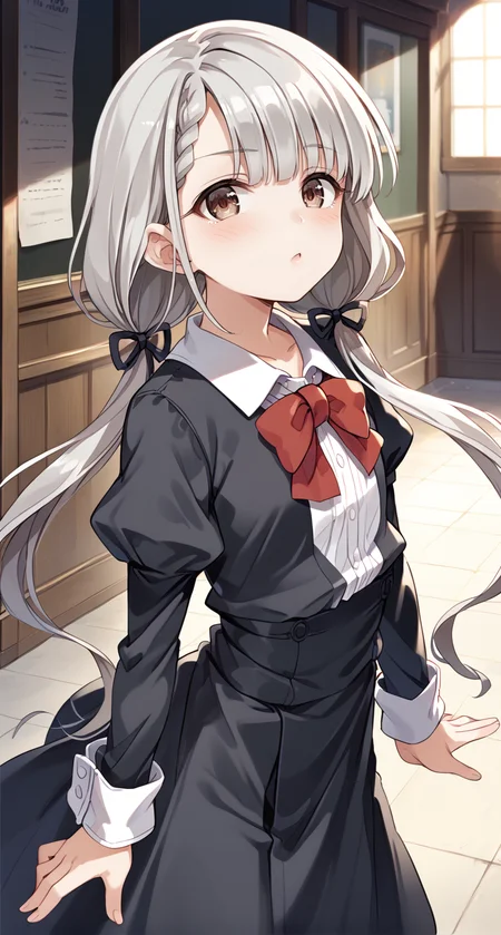 score_9,score_8_up,score_7_up,
official art,official style,game cg,megami magazine,
uncensored,
1girl,
hskwng school,hisakawa nagi,
asymmetrical bangs,bow,bowtie,braid,braided bangs,grey hair,hair ribbon,
juliet sleeves,long hair,long sleeves,puffy sleeves,red bow,red bowtie,ribbon,
twintails,black ribbon,blush,brown eyes,collared shirt,
dress shirt,low twintails,shirt,skirt,white shirt,
black jacket,black skirt,black dress,
dress,
eyebrows visible through hair,
standing,
<lora:idolmaster_hisakawa_nagi_pony_v1:1>,