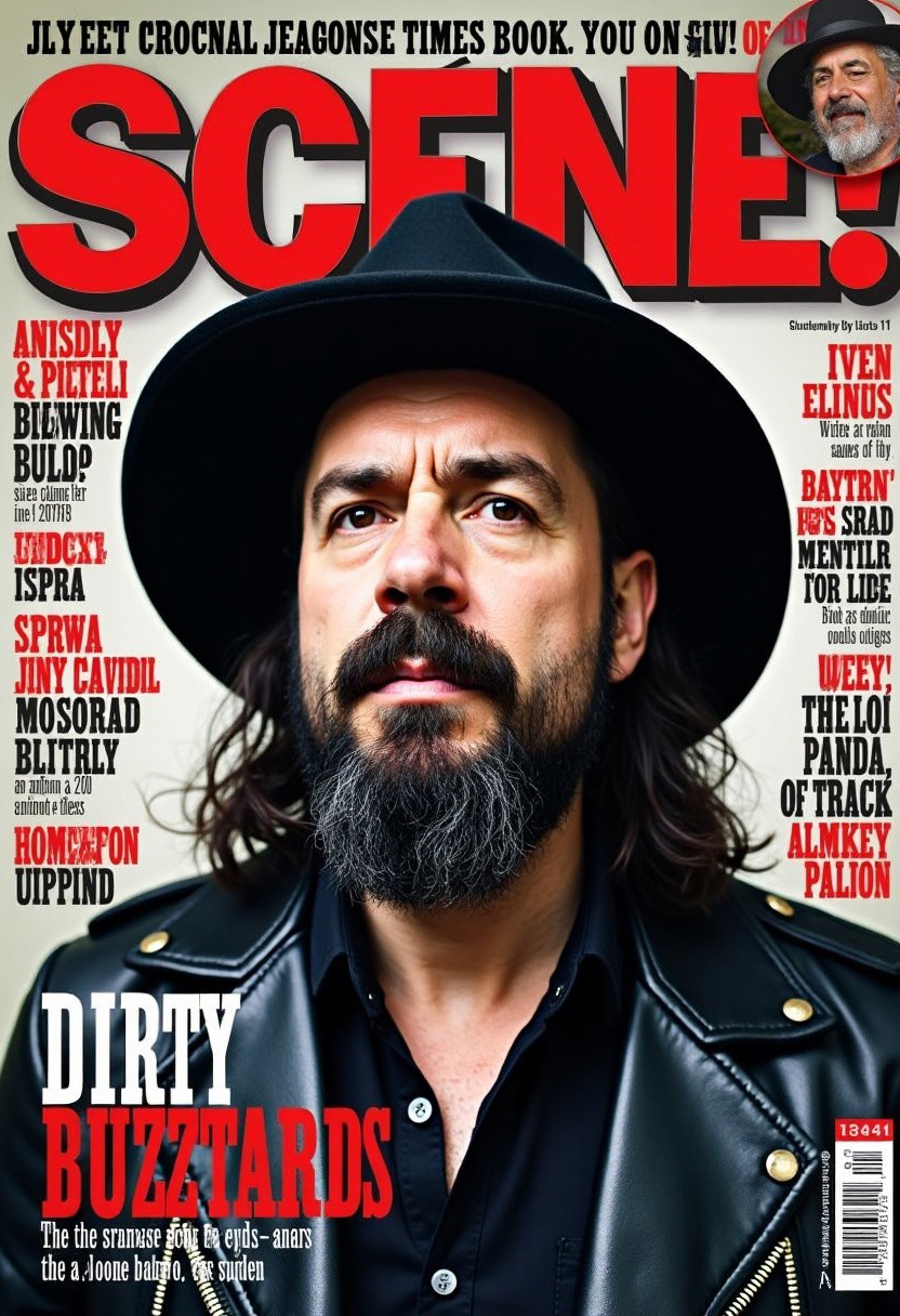 a scene music magazine cover featuring Motörhead's iconic front man Lemmy Kilmister in portrait. The text "Dirty Buzztards" is written in the band logo's design. Lemmy is wearing his hat and leather jacket. The magazines color palette mostly consists of black, white and red.