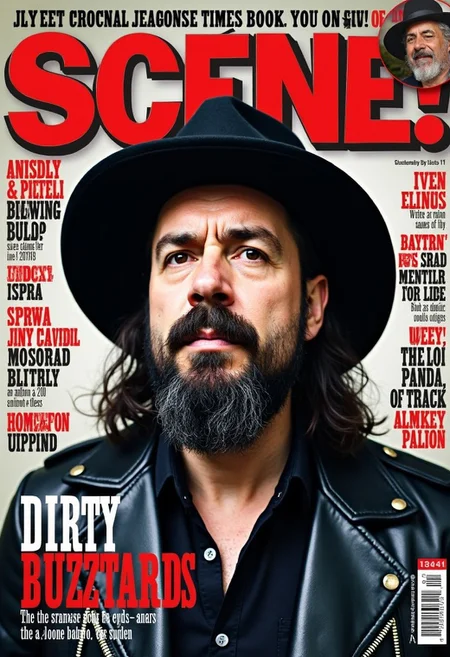 a scene music magazine cover featuring Motörhead's iconic front man Lemmy Kilmister in portrait. The text "Dirty Buzztards" is written in the band logo's design. Lemmy is wearing his hat and leather jacket. The magazines color palette mostly consists of black, white and red.