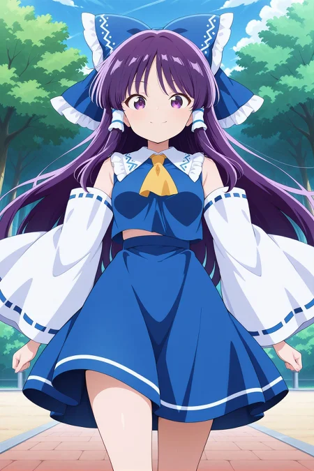 absurdres, highres, masterpiece, best quality, amazing quality, official anime artwork, screencap, anime screencap, outdoors, smile, looking at viewer, dynamic pose, standing,
<lora:Reimu-Hakurei-PC98_Illustrious:1>  Reimu98, 1girl, solo, purple eyes, purple hair hair, long hair, sidelocks, small breasts,, hair bow, hair tubes, blue tubes, blue bow, frilled bow, yellow ascot, blue shirt, ribbon-trimmed detached wide sleeves, blue skirt,
