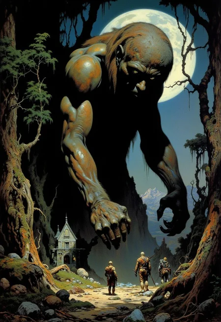 Frank Frazetta fantasy oil painting of A huge creature lumbers into the woods, its massive arms pushing aside the thick trees. Its face is obscured by long, matted fur that covers the entirety of its body. It's eyes glow a pale green, conveying a hint of melancholy. It is looking back over its shoulder to the quaint village in the background. The moon cast haunting shadows amongst the trees and across the creature, heightening the feeling of fright, but also sadness.