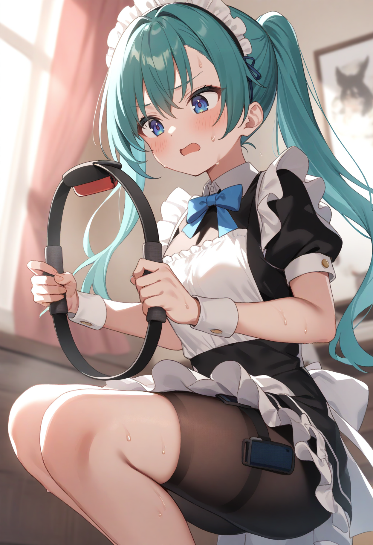 1girl,sincos, ningen mame, toosaka asagi,solo,medium breasts,20yo,maid,maid headdress,
ring fit adventure, wide squat, ring-con, sweat, holding,
<lora:ringfitadventure_XL_v1:0.8>
from behind, cinematic angle, looking down, aqua hair, purple eyes,flustered, open mouth, curly hair,,
best quality, very aesthetic, absurdres