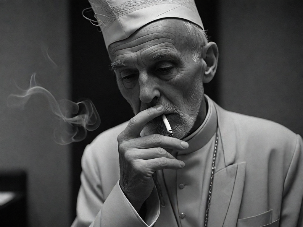this black and white photo was shot on Kodak Tri-X 400 monochrome film with a Nikon F2 SLR camera and a Nikkor f/1.4 50mm lens, aperture f/1.4, shutter speed 1/60s, ISO 400. In a dimly lit confessional, an old priest with hat is depicted with a lustful expression as he sensually draws on his cigarette, the tendrils of smoke swirling and enveloping the room.