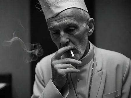 this black and white photo was shot on Kodak Tri-X 400 monochrome film with a Nikon F2 SLR camera and a Nikkor f/1.4 50mm lens, aperture f/1.4, shutter speed 1/60s, ISO 400. In a dimly lit confessional, an old priest with hat is depicted with a lustful expression as he sensually draws on his cigarette, the tendrils of smoke swirling and enveloping the room.