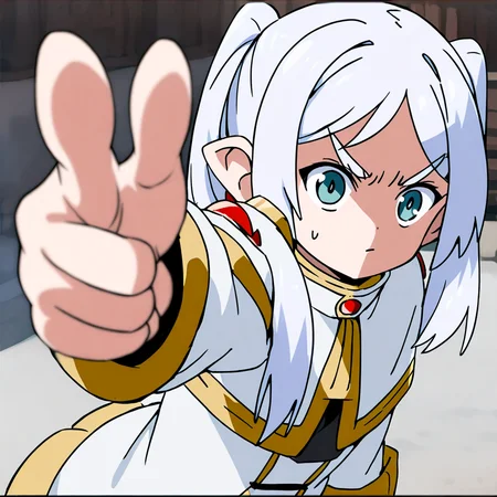 a FrierenFrieren pointing at something with a finger, <lora:fingergun:0.85>, <lora:FrierenFrieren_PD6XL:0.8>