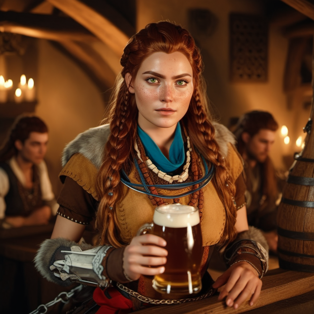 cinematic photo 1girl, long hair, braid, jewelry, green eyes, freckles, detailed skin, detailed eyes, having a beer in a medieval tavern  <lora:Aloy1024:0.8> . 35mm photograph, film, bokeh, professional, 4k, highly detailed