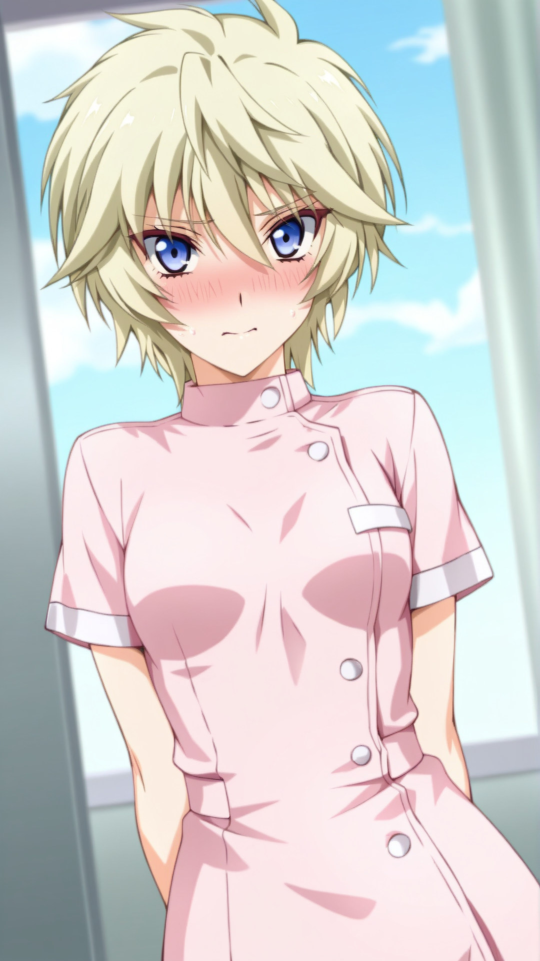 source_anime, general, best quality, masterpiece, 1girl,  <lora:Esther_Elhous_ill_v1.0:1> esther_elhous\(srw\),blue eyes , blonde hair, yellow hair,tsurime, small breasts ,nurse, flustered, (embarrassed:0.9),  dynamic pose, dutch angle, cowboy shot,
