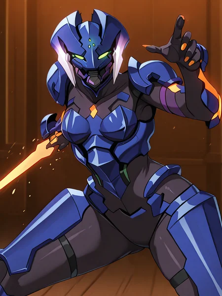 (masterpiece, very aesthetic, absurdres, best quality, high quality, cinematic shadow:1.4), body blush,character focus,perfect hands, small breasts,sidelocks, cowboy shot, <lora:HandFixer_pdxl_Incrs_v1:1> handfixer,looking at viewer,<lora:StS-Illustrious-Detail-Slider-v1.0:4>, ,, <lora:eyelashext_v10:1>, <lora:cyan:1>, cyanbluestar,cyngladiator,blue armor,robot, robot girl,helmet,green eyes,no pupils, no humans,multicolored,neon trim,claws,orange nails, orange glow, dynamic pose, fighting stance,