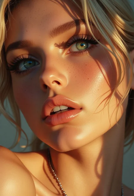 A striking artistic portrait photograph with grainy color diffusion of a close-up beauty shot, the subject making direct eye contact with the viewer with beautiful green blue eyes, exuding a sense of connection and quiet confidence. Impeccable makeup artistry highlights perfectly groomed eyebrows, long dramatic eyelashes, and naturally glossed lips, while soft wisps of blonde hair frame the face in an artfully disheveled manner. Warm, muted tones dominate the color palette, with gentle shadows and highlights creating an ethereal interplay of light across the subject’s features. The composition is angled to add visual intrigue and emotional depth, with selective focus drawing attention to the subject’s face while the background blurs into a warm, neutral haze. The intimate and romantic mood is enhanced by soft, vintage-inspired post-processing that lends a painterly quality to the image. Timeless elegance meets contemporary styling, beauty photography, cinematic portraiture, romantic realism.