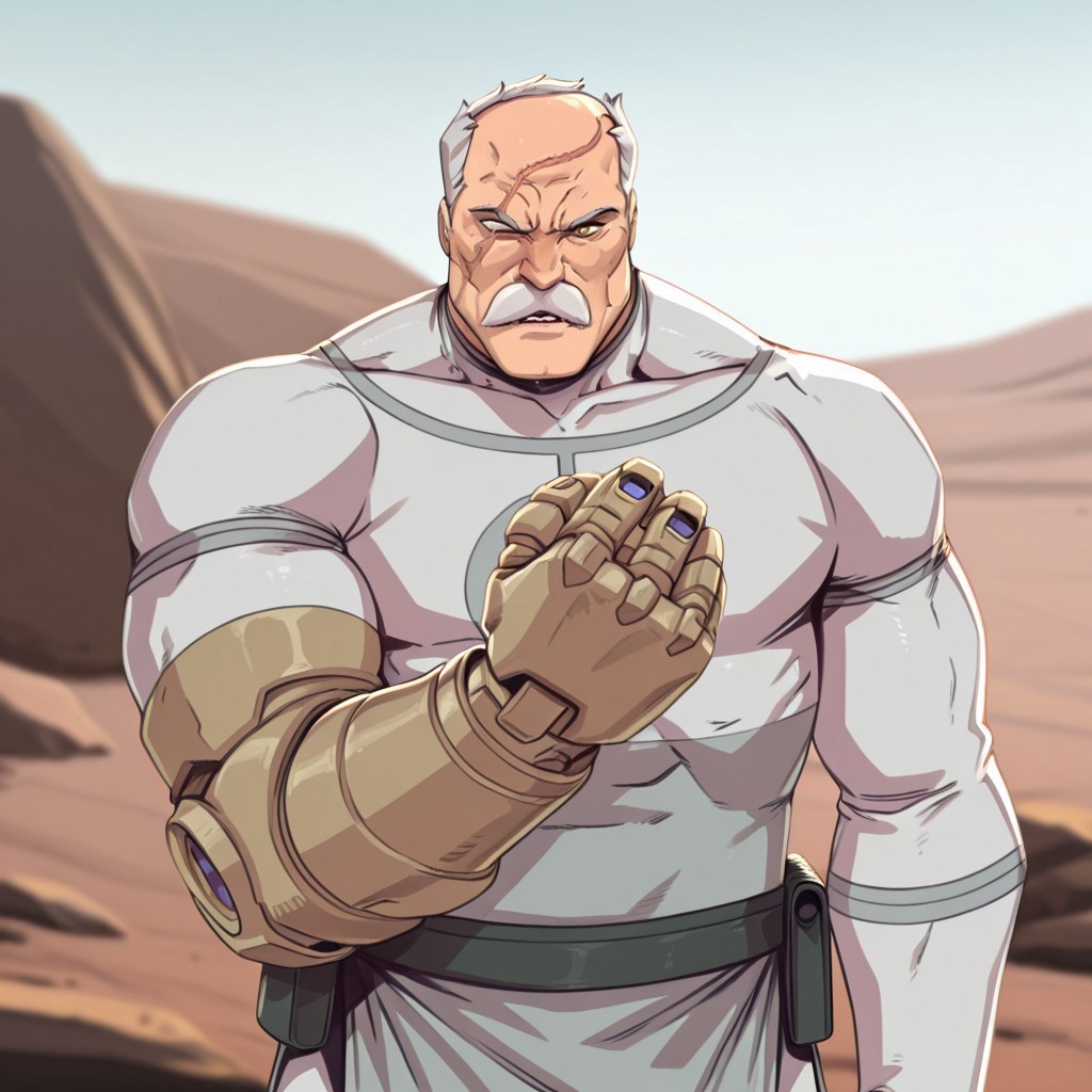 masterpiece, best quality, newest, absurdres, highres, d-rex, d-rex style, 
 1boy, Conquest-ISV-V1.0 old man, white hair, mustache, facial hair, scar, blind eye, single mechanical arm,