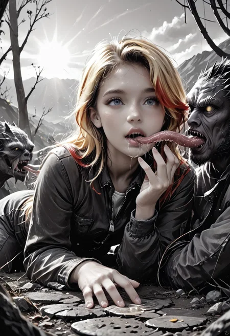 ((( beasts lick the hand dry, girl is the only source of water for thirsty beasts ))), front view, pov, 
score_9, score_8_up, score_7_up, Realistic, cinematic shot, selective color, monochrome background, grayscale, 4k, Gadget, rear view,
20yo, blonde, correct hand anatomy, red hair highlights, front highlights, wide face, perfect face, stunning, breathtaking face, detailed face, expressive eyes, extremely cute, medium boobs, round stomach, sexy, happy, pleasure, 
Squatting, (((Spits in her hand, stream of spit from mouth down to palm, puddle of spit in the hand, extreme saliva, cupped hand, offering her saliva to drink)))
Pear-shaped figure, short female, stocky, perfect round butt, wide hips, narrow waist, strong legs, thick thighs, long legs, short torso, narrow shoulders, 
Work clothes, tee,
(((Thirsty beasts, monsters, extremely thirsty, urgent licking, drinking spit, lick girl’s hand, licking fingers, precious drops,)))
Multiple beasts, alien life form ,weird alien species, strong, large, non-humanoid, fur, size difference, height difference, extra-terrestrial,
Detailed background, black and white background , alien world, scorched desert, scorching sun, impossible landscape, two moons, outdoors, open space, hot cracked ground,
highres, absurdres, in focus, hetero, hand focus,
easynegative, CyberRealisticPony_POSV1, Stable_Yogis_PDXL_Positives, negative_hand, ALRGFC, alluring face, realistic, Gadget, SelectiveColorStyle, 1colorpop, 2colorpop