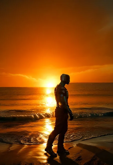 A hyper-realistic photograph, ocean, sunset, orange sky, deep blue water, silhouetted, romantic atmosphere,
, robot, kayo, brown pants, blank face, silouhette, backlit, walking, full body, side view,